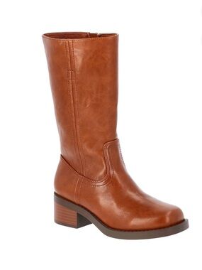 Kids Mid-Calf Tan Block Heel Boots